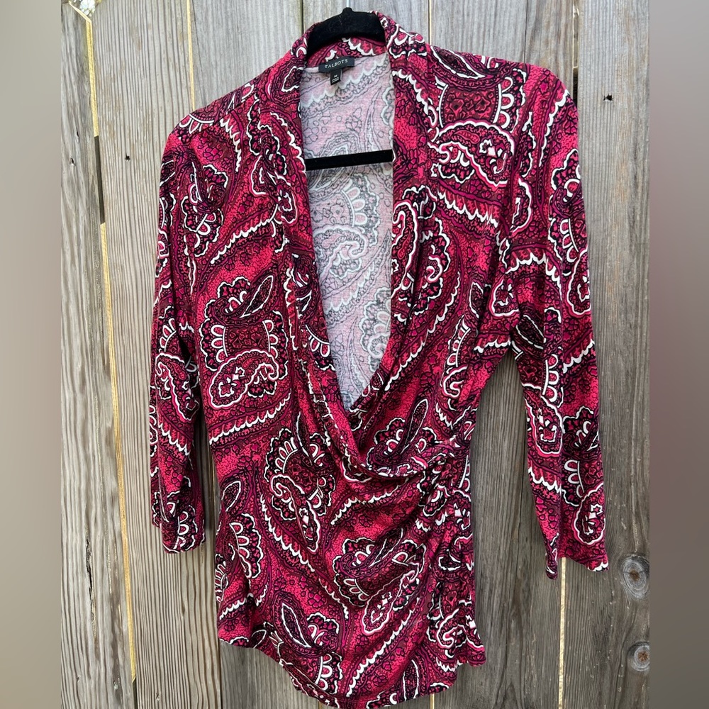 Talbots Paisley Burgundy and White Open neckline Top Women’s Medium
